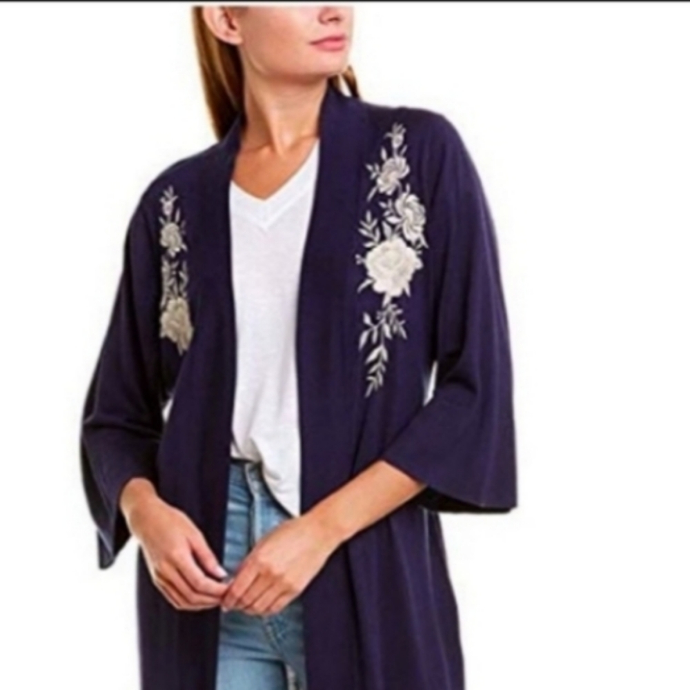 Johnny Was Navy Long Embroidered Kimono